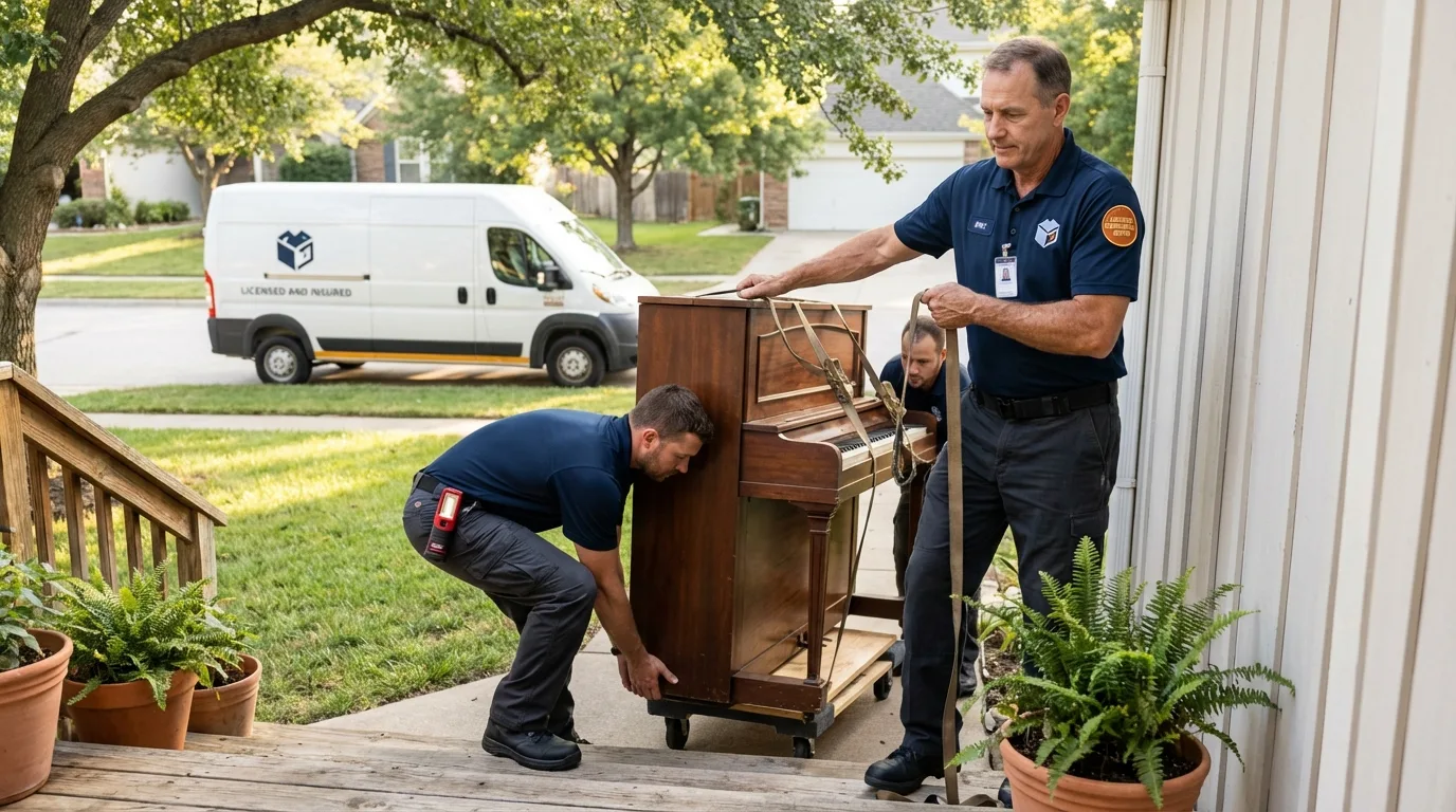 Licensed piano movers securing grand piano in Dryden, VA